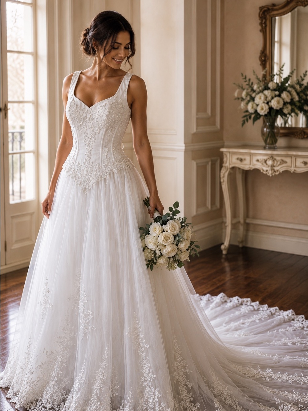 Vintage Mary’s Bridal Corset Lace Wedding Dress Beaded Train Ivory Bridal 8/10